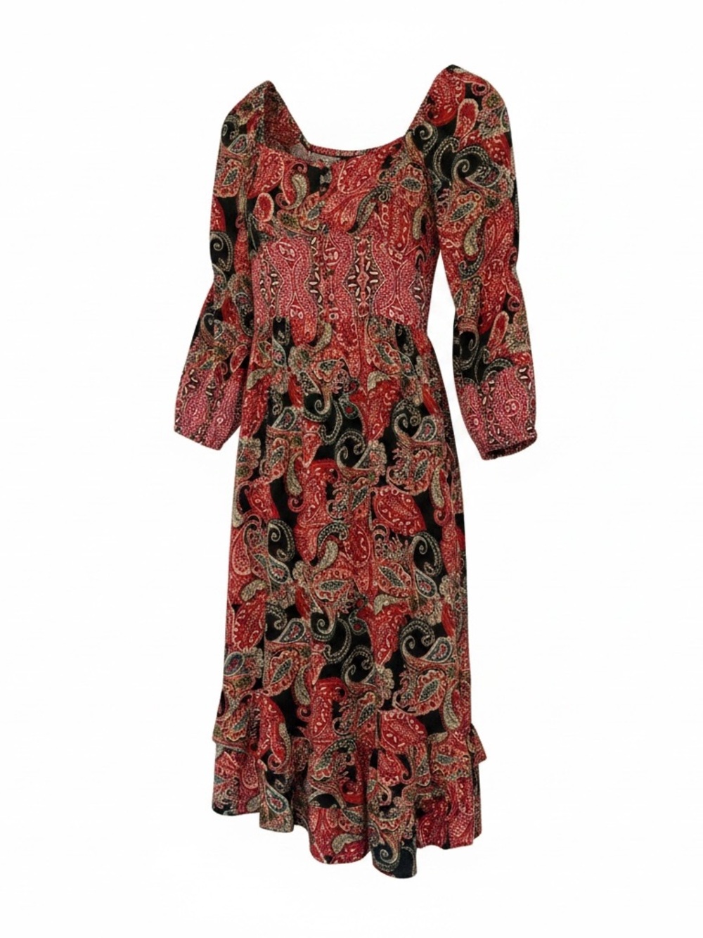 Angie Red Paisley Midi Dress with Puff Sleeves